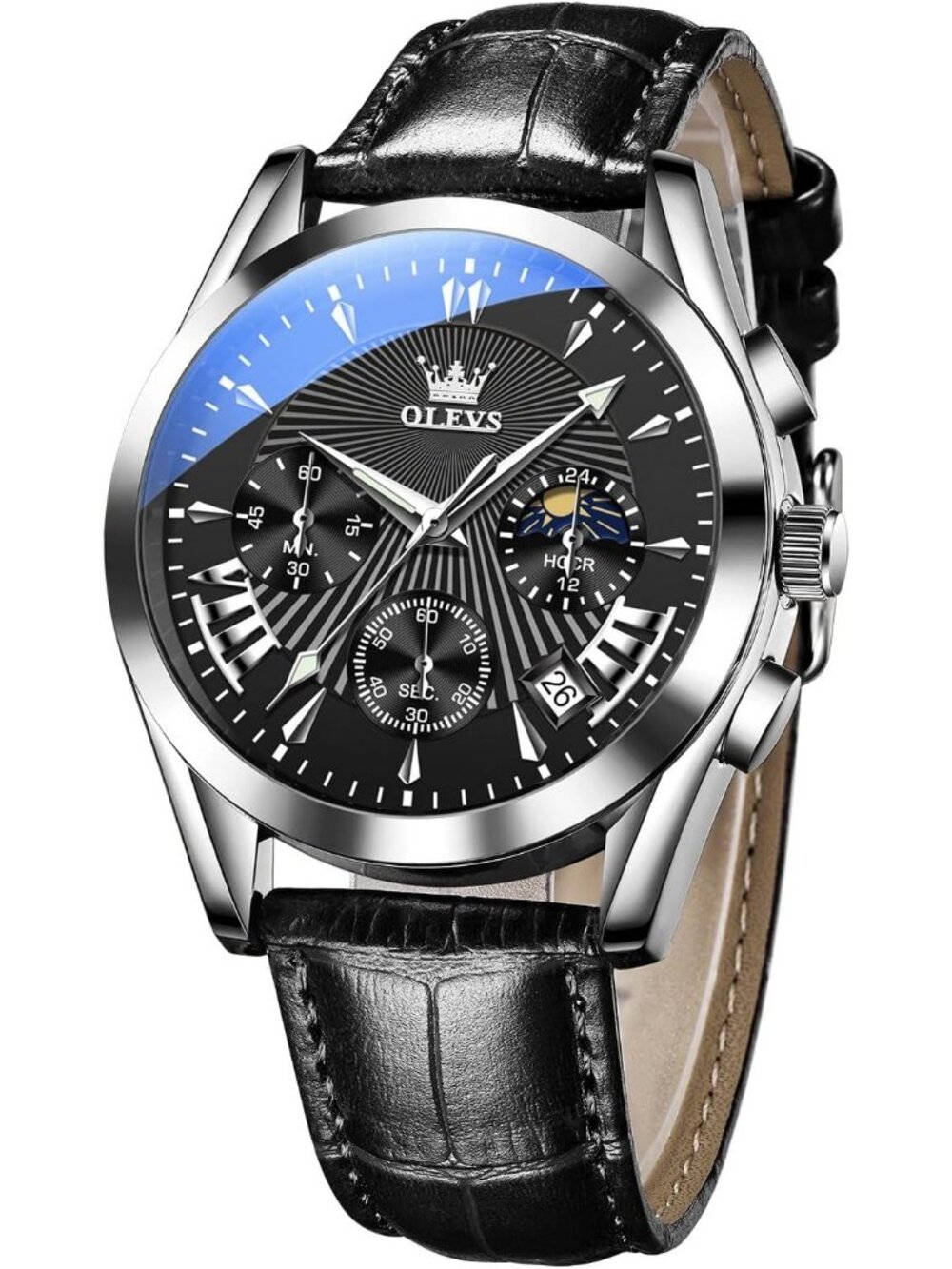 Men's Black Leather Chronograph Watch Big Face Waterproof Date Luminous Watch